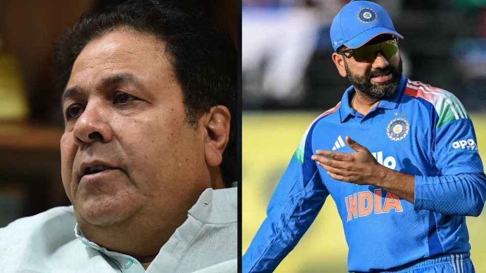 Rohit Sharma and BCCI vice-president Rajeev Shukla [Source: AFP]